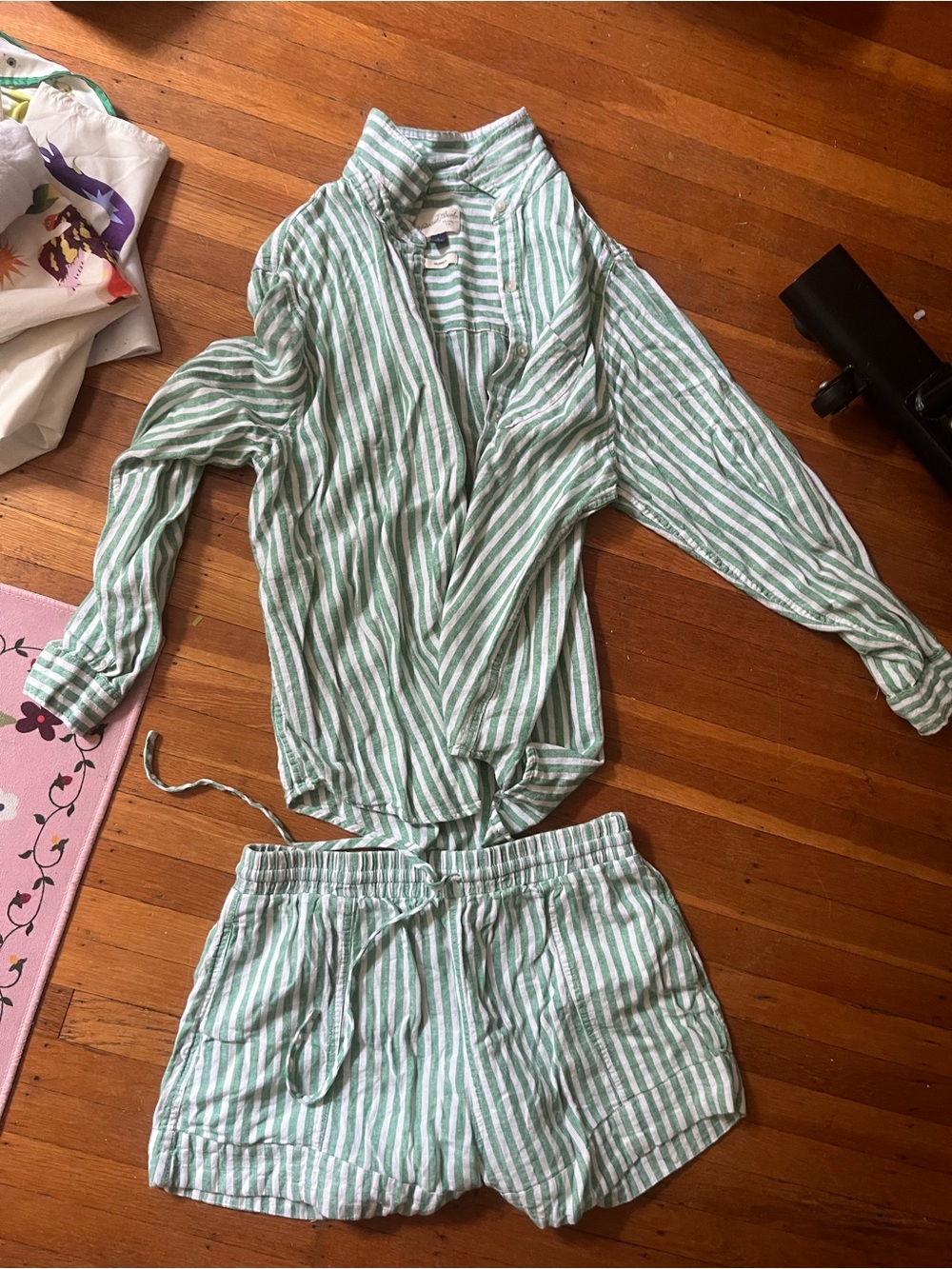 Green and White Striped Beach Set - Soft Button-Up Top & Drawstring Shorts